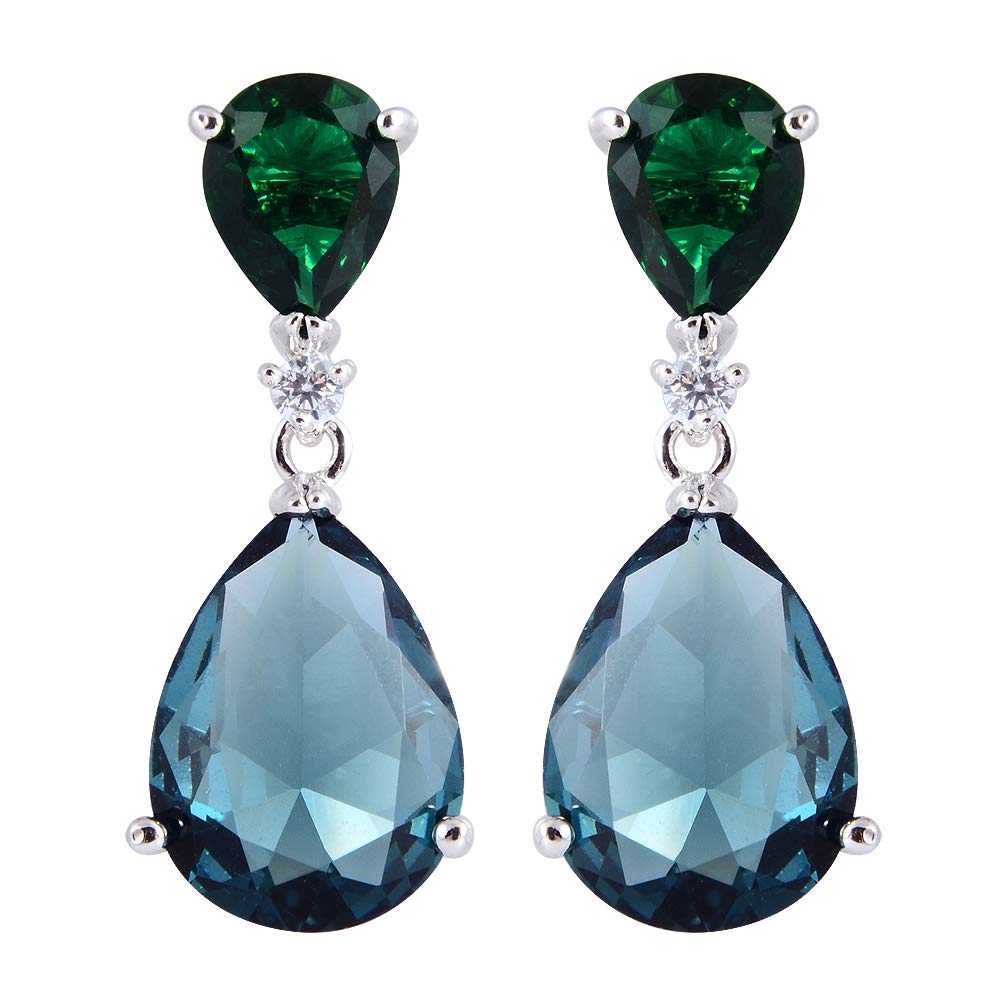 [RIZILIA CELEBOX] Teardrop Dangle Pierced Earrings with Pear Cut Gemstones CZ [Green Emerald & Blue Sapphire] in 18K White Gold Plated, Celebrity inspired by Angelina Jolie