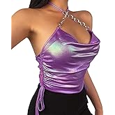 Womens Sexy Adjustable Metallic Chain Halter Cami Crop Tops Sleeveless Cowl Neck Bralette Club Vests