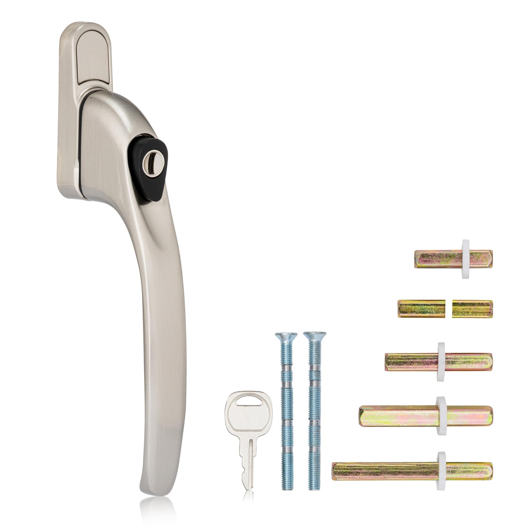 XFORT Key Locking Inline Window Handle Installation Kit in Satin Chrome, UPVC Window Handle Replacement, Lockable Window Lever