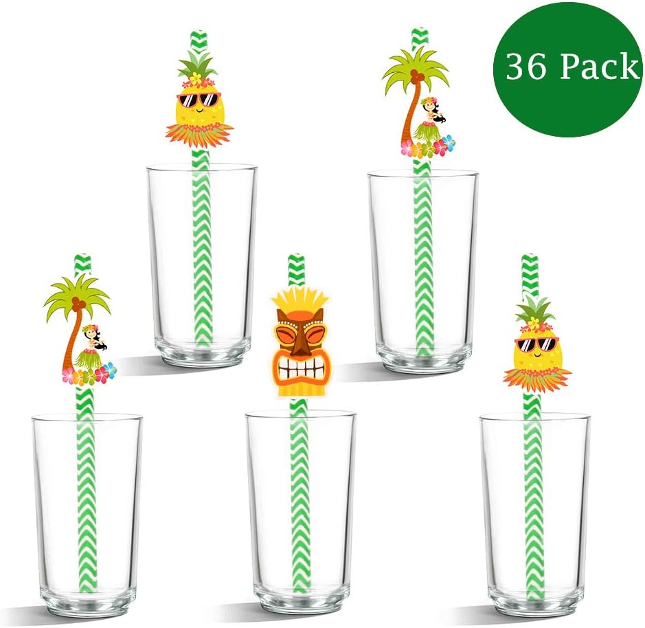 Hawaiian Paper Straws,Yamissi Cinco De Mayo Hawaiian Style Green & White Straws Striped Decorative Paper Straws for Back to School Decorations |Mexican Cocktail Party Decorations