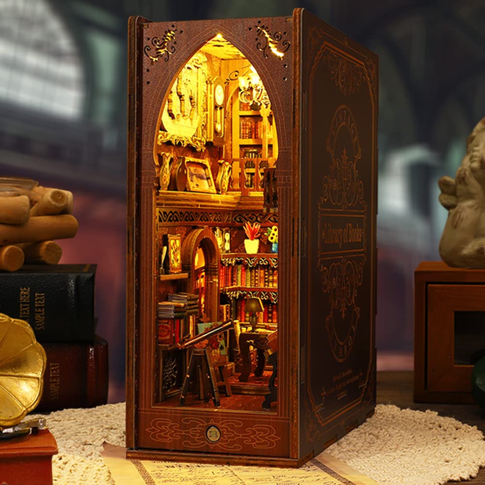 Lannso DIY Book Nook Kit, DIY Dollhouse Booknook, Library Booknook 3D Wooden Puzzle Bookends, Book Nook Miniature Kits with LED Light for Adults(SL6-A)