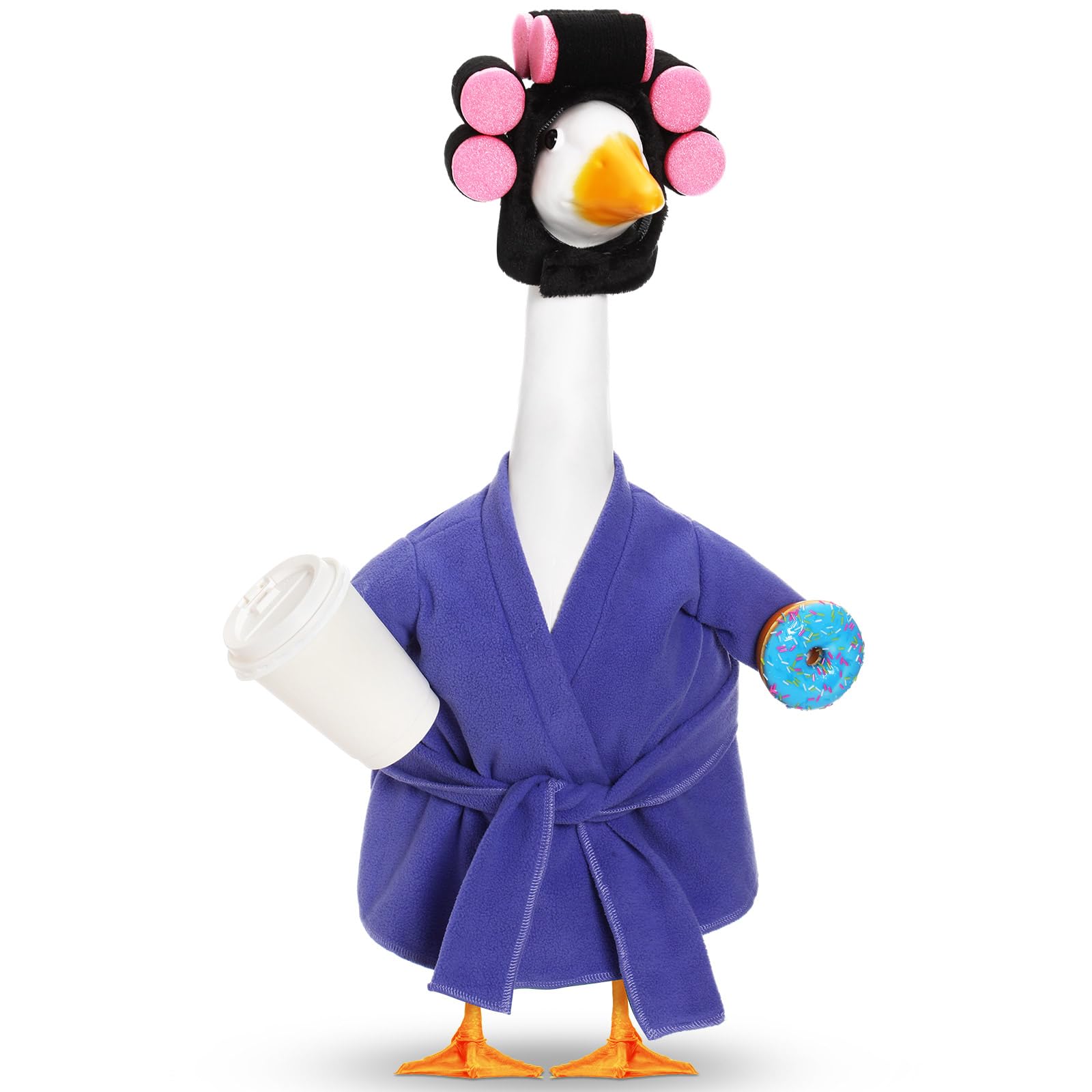 Photo 1 of Shyyween Lady Porch Goose Outfit for 23'' Cement Plastic Lawn Goose Statue Clothes Bathrobe Coffee Cup Curlers for Outdoor Garden Yard Patio Decoration(Purple)