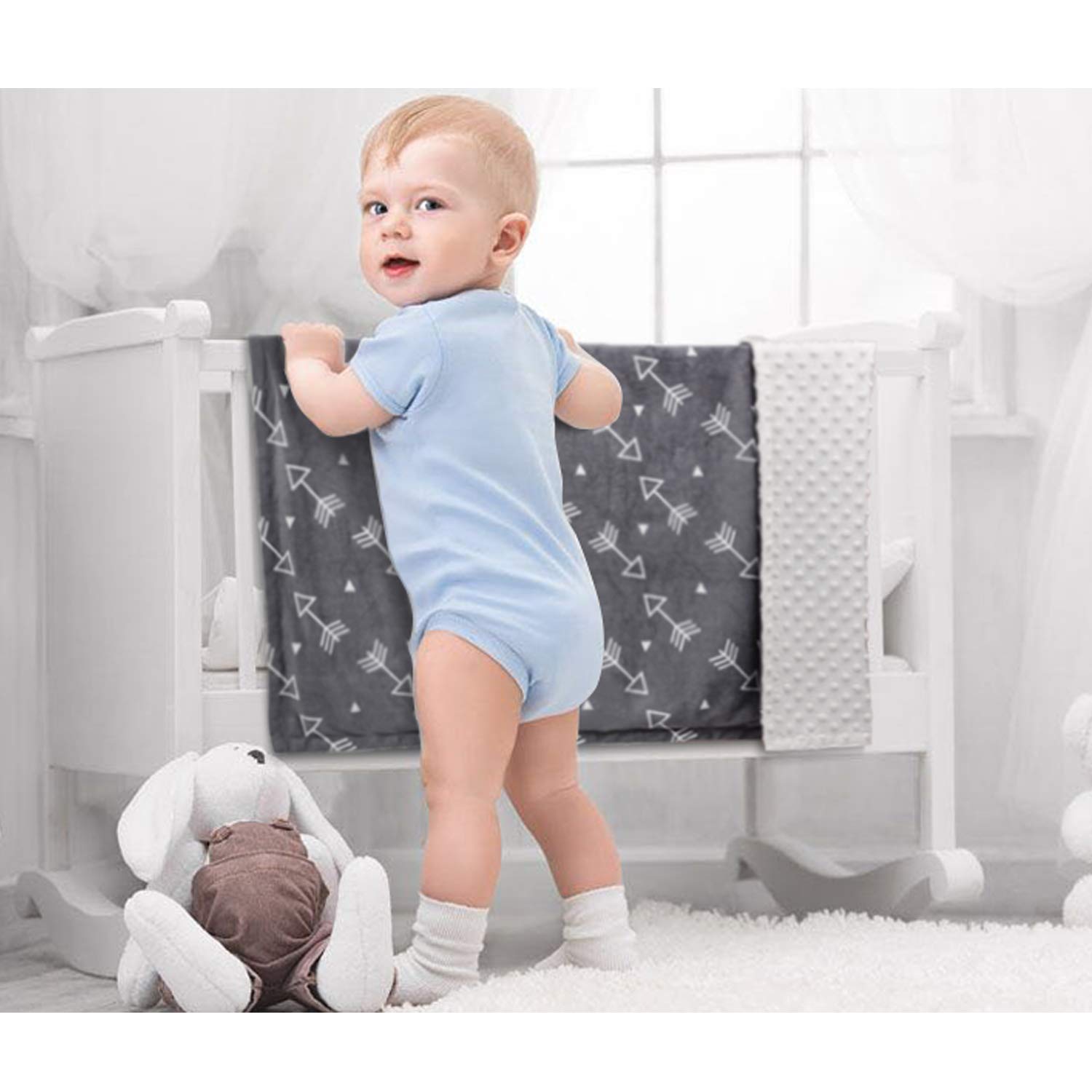 BORITAR Baby Blanket Super Soft Minky with Double Layer Dotted Backing, Little Grey Arrows Printed 30 x 40 Inch, Receiving Blankets: Baby