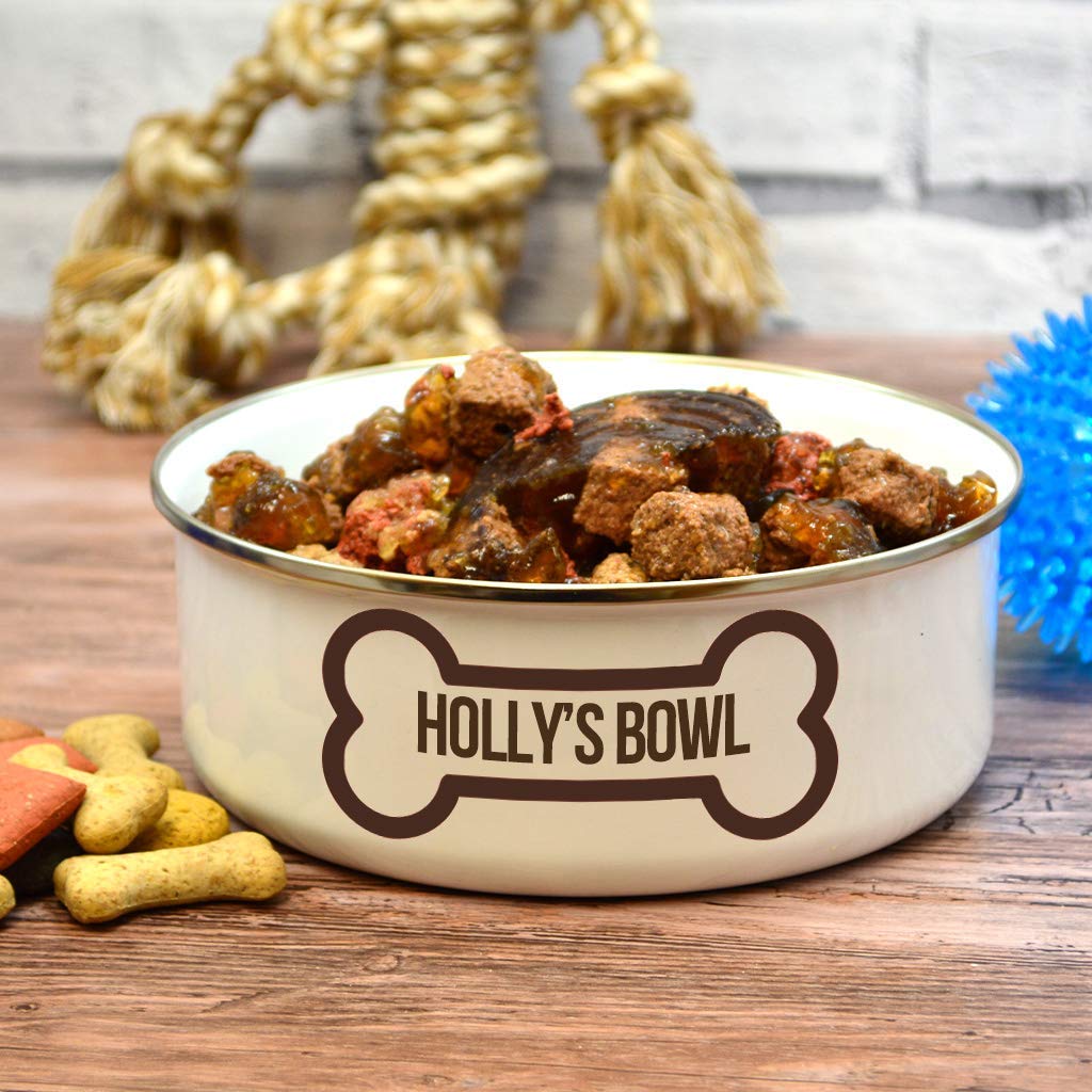 Personalised Dog Bowl with Lid Travel Engraved/Enamel/Bone Design Paw