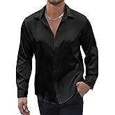 Vssjavun Mens Silk Satin Shirts Long Sleeve Button Down Loose Fit Dress Shirt Luxury Party Prom Wedding Shirts
