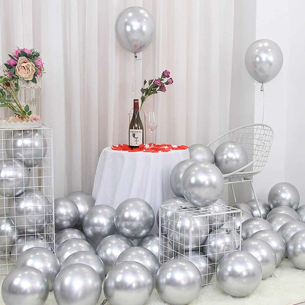 100pcs 5inch Metallic Balloons, Shiny Silver Latex Balloon for Birthday, Wedding, Fiesta Party Decoration