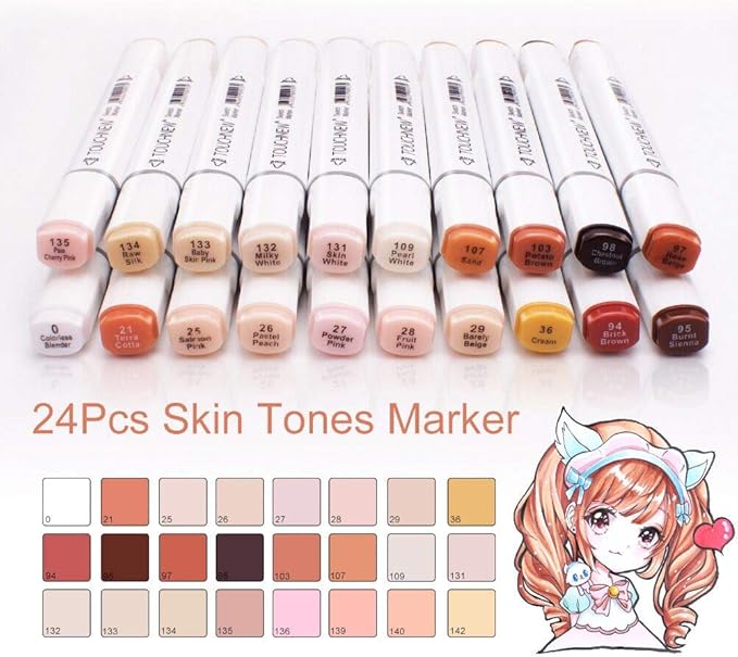 Touchnew Markers Skin Tone, 24 Colours Twin Tip Markers for Drawing