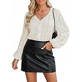 CUPSHE Women's Blouses Eyelet Tops Long Sleeve V Neck Puff Sleeve Shirts Dressy Casual