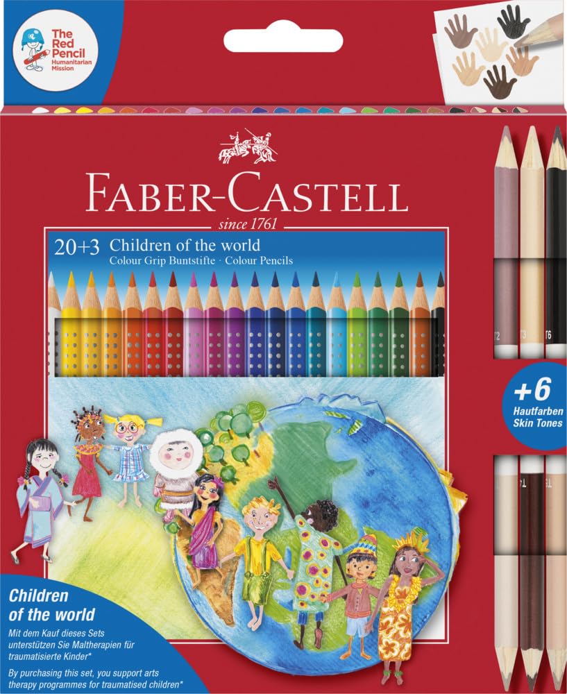 Faber-Castell 201747 Colour Grip Coloured Pencils Children of the World, 20 Colouring Pencils + 3 Pencils Each with 2 Skin Tones, Pack of 1