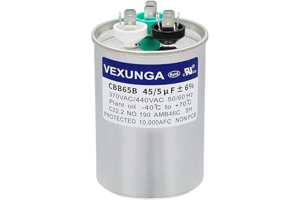 VEXUNGA 45/5 uF 45+5 MFD 370V or 440V Dual Run Start Round A/C Capacitor 45 5 uF 370 440 Volt VAC CBB65B Air Conditioner Capacitors for AC Unit Fan Motor Start or Heat Pump or Condenser Straight Cool