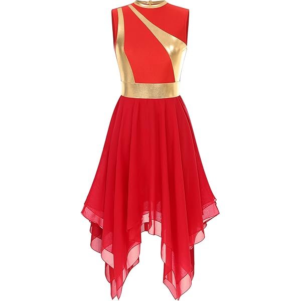 YONGHS Women Color Block Lyrical Dance Costumes Chiffon Flowy Dress Contemporary Dancewear Dusty Pink L
