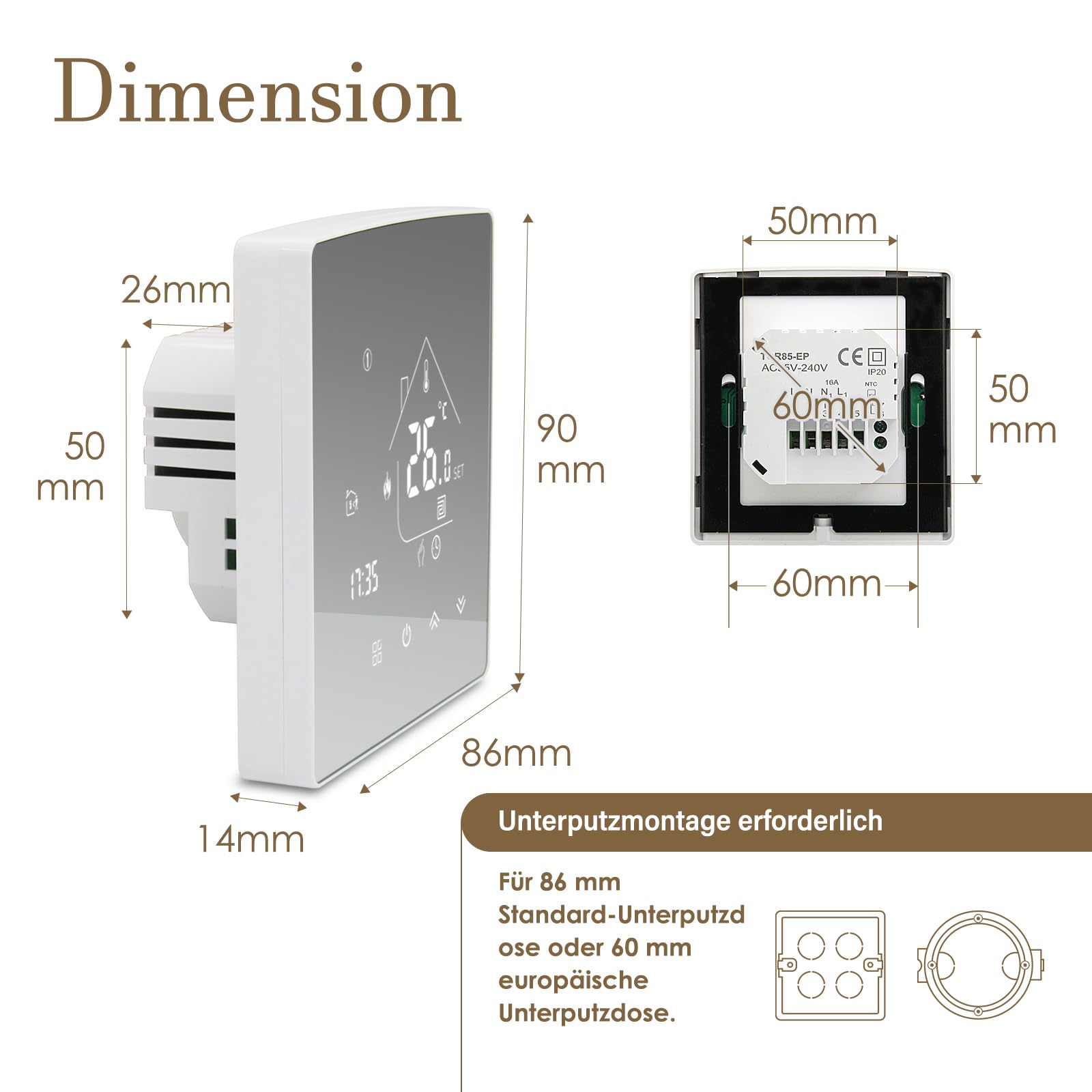 Beok Spiegel Thermostat Fussbodenheizung Smart, WiFi Raumthermostat Heizungsthermostat mit Digitales LCD Wandthermostat für Wasser Fußbodenheizung Kompatibel Tuya, Alexa,Google Home 3A TGR85WIFI-WP 8
