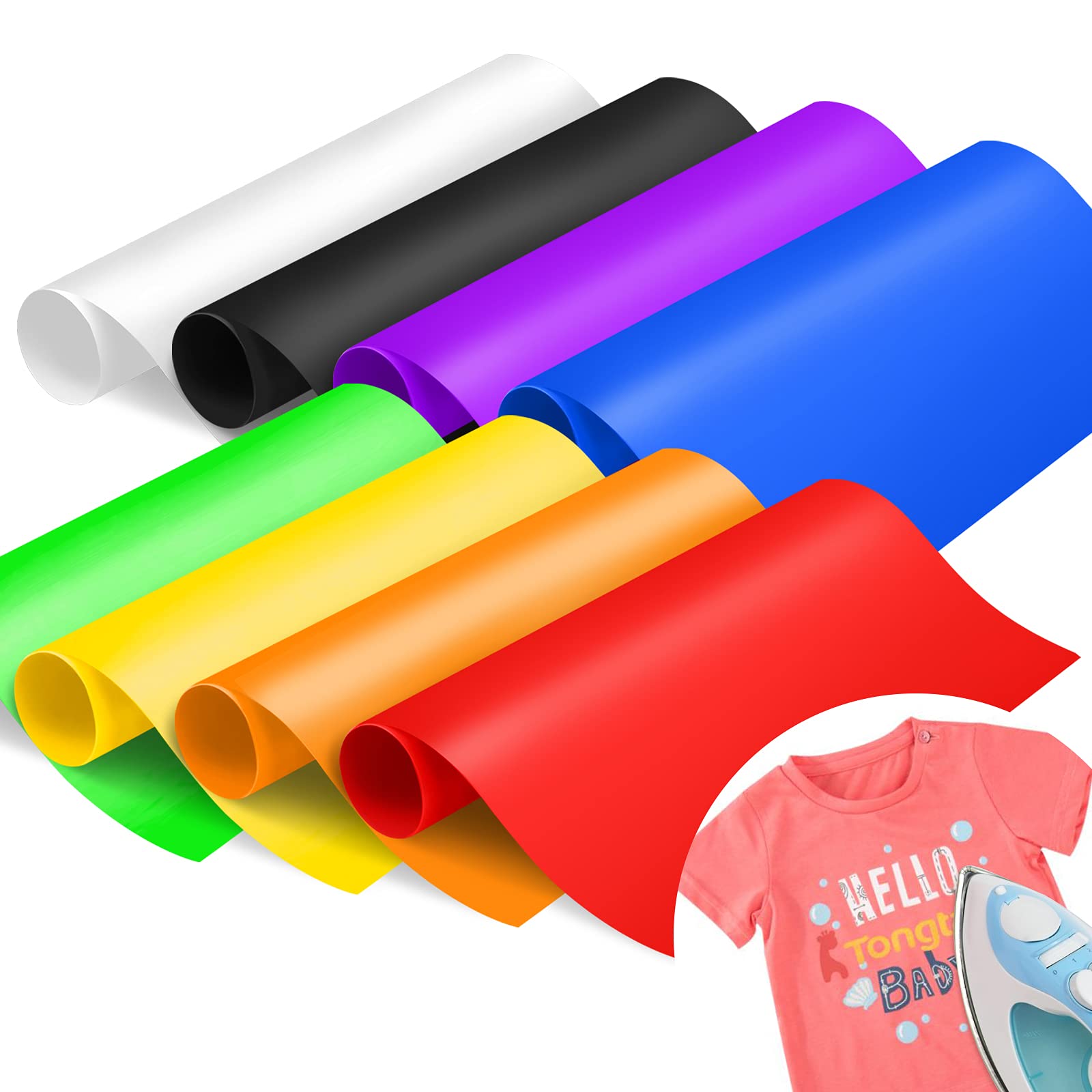 Hoiny 8 Pcs Heat Transfer Vinyl, 30cm X 21cm Iron on Vinyl for T Shirts- Assorted Color HTV Vinyl Roll Permanent Transfer Tape Sheets for DIY Heat Vinyl Design