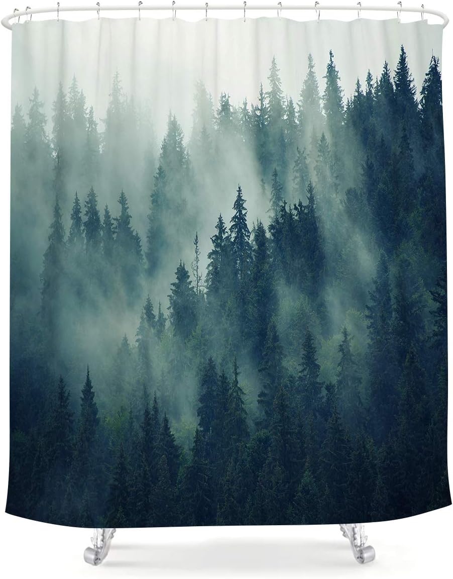 LIGHTINHOME Forest Shower Curtain 60Wx72L Inch Foggy Rainforest Pine Tree Green Fir Landscape Woodland Scene Rustic Vintage Fabric Waterproof Bathroom Home Decor 12 Plastic Hooks