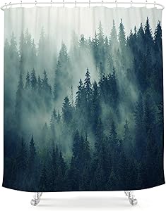 LIGHTINHOME Forest Shower Curtain 60Wx72L Inch Foggy Rainforest Pine Tree Green Fir Landscape Woodland Scene Rustic Vintage Fabric Waterproof Bathroom Home Decor 12 Plastic Hooks