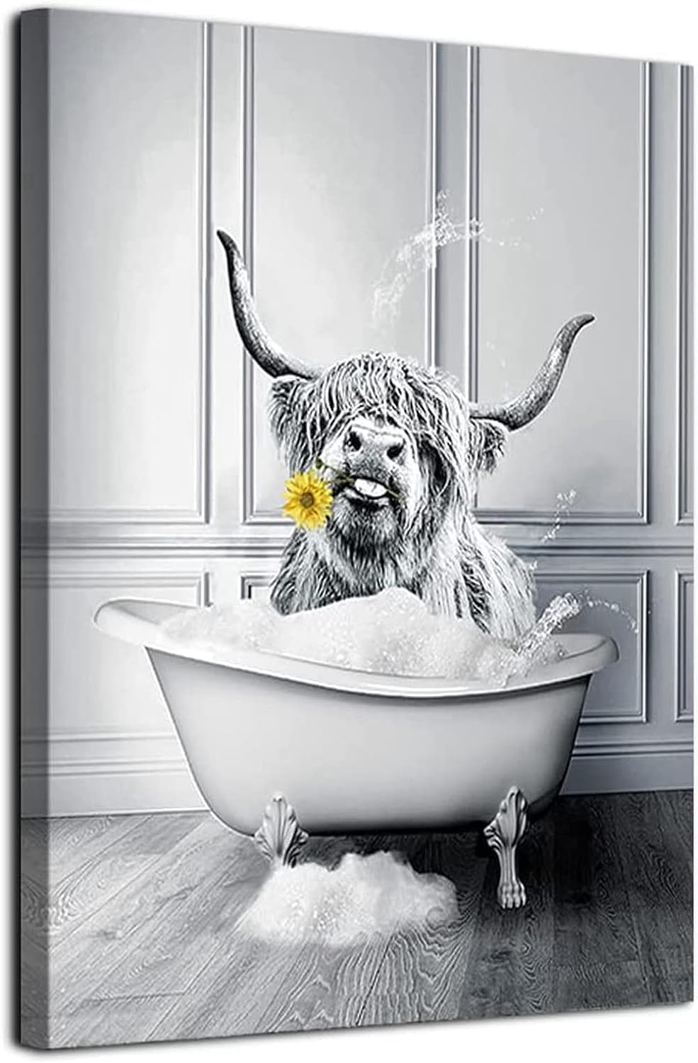 MKHFUW Scottish Highland Cow Wall Art Black and White Canvas Picture Cottage Bathroom Decorative Cow Wall Picture in Bathtub, Frameless（Bath Cinder,60 x 90cm）