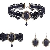 ANGLEQUEEN Halloween Vampire Choker Necklace Bracelet Earrings Set for Women Gothic Lace Jewelry Set Punk Crystal Vampire Black Lace Witch Necklaces Halloween Choker Necklace Set Emo Accessories Halloween Costume Accessories