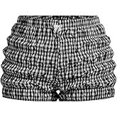 SHENHE Women's Plus Size Plaid Ruched Bloomer Shorts Elastic Waist Cute Mini Shorts