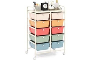 HAPPYGRILL 10-Drawer Rolling Storage Cart, Storage Organizer Cart with Lockable Wheels, Beauty Salon Movable Utility Cart for School, Office, Home, (Macaroon Colorful)