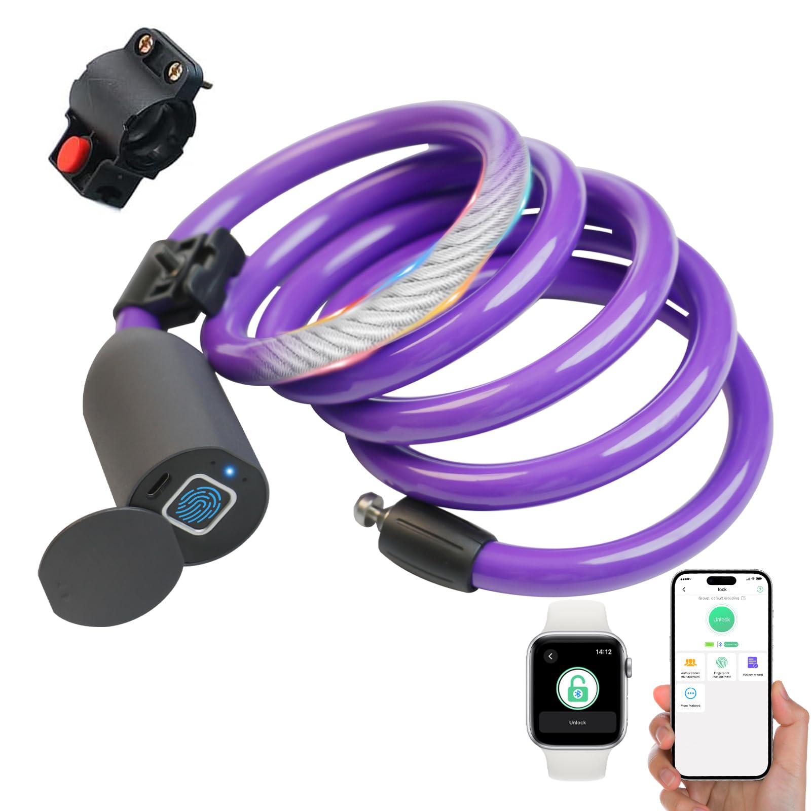 Electronic Cable Lock eLinkSmart Bicycle Lock Fingerprint Bluetooth App 150cm Long Keyless Steel Cable Lock for Electric Bike Scooter Motorcycle Door Waterproof Purple
