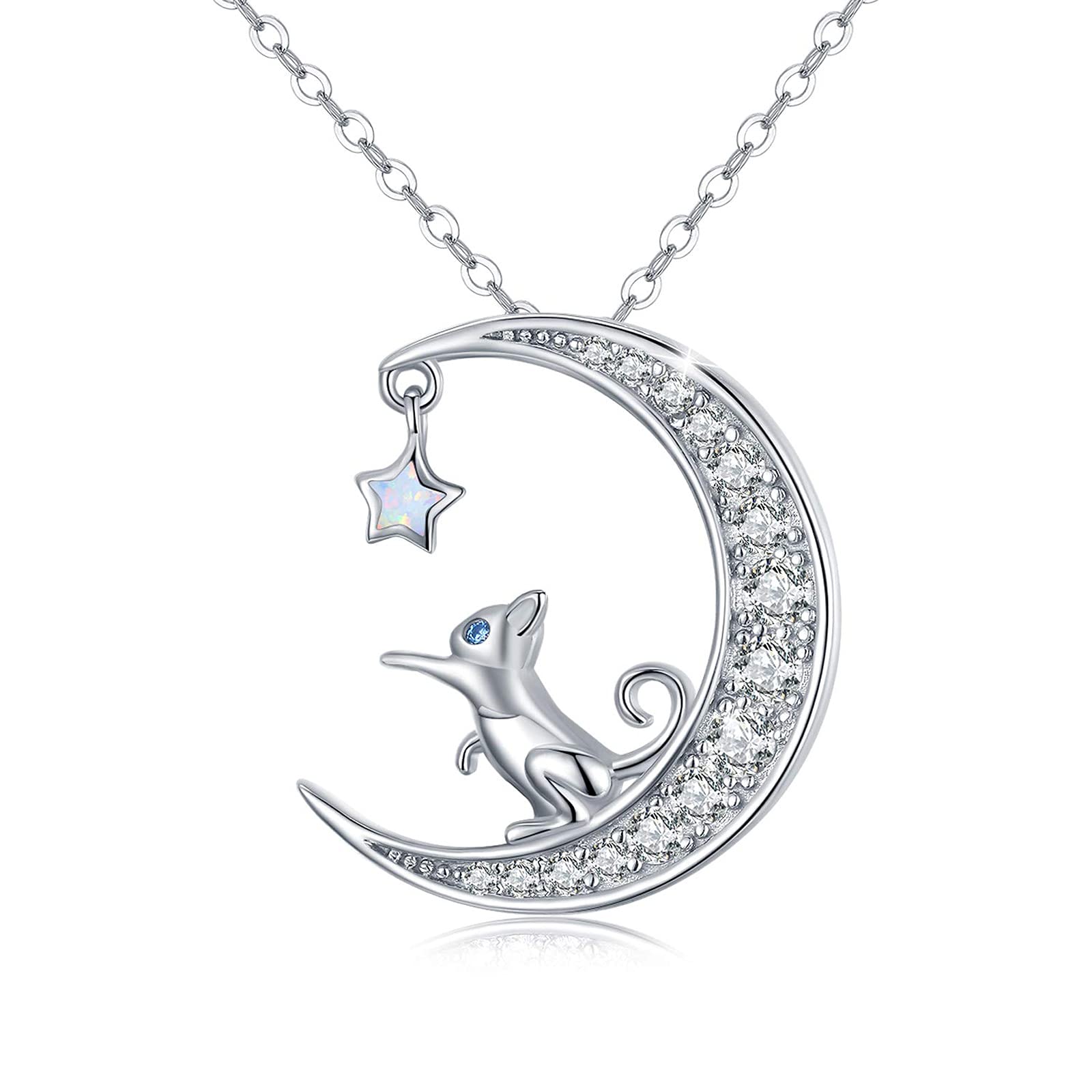 TRISHULA Cat Necklace 925 Sterling Silver Cute Cat Pendant Moon Star Accent Necklace Animal Jewellery Gift for Women Girls