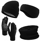Geyoga 4 Pcs Men Warm Set Winter Beanie Hat Neck Warmer Gaiter Touchscreen Gloves Ear Warmer Headband for Cold Weather Women