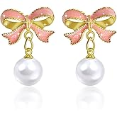 MAQVQLU Pearl Bow Earrings for Women Rhinestone Bow Stud Earrings Gold Bow Earrings Christmas Bow Earrings