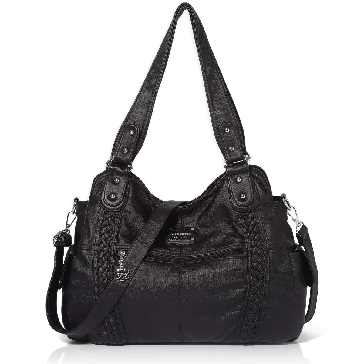 Angel Barcelo Roomy Fashion Hobo Womens Handbags Ladies Purse Satchel Shoulder Bags Tote Washed Leather Bag (Black)