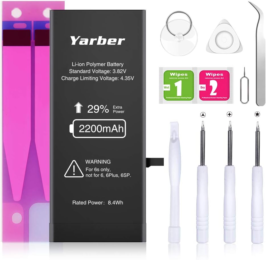 Yarber Battery Compatible with iPhone 6S, 2200mah New iPhone 6S Battery Replacement Kit,0 Cycle, with Full Set Repair Tool Kit, Adhesive Strip - 2 Years Support