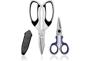 SOXUI 8-Inch Heavy Duty Scissors – Ultra Sharp Stainless Steel Shears with Serrated Edge & Protective Cover, Ideal for Cardboard, Wire, Fabric & More (White)