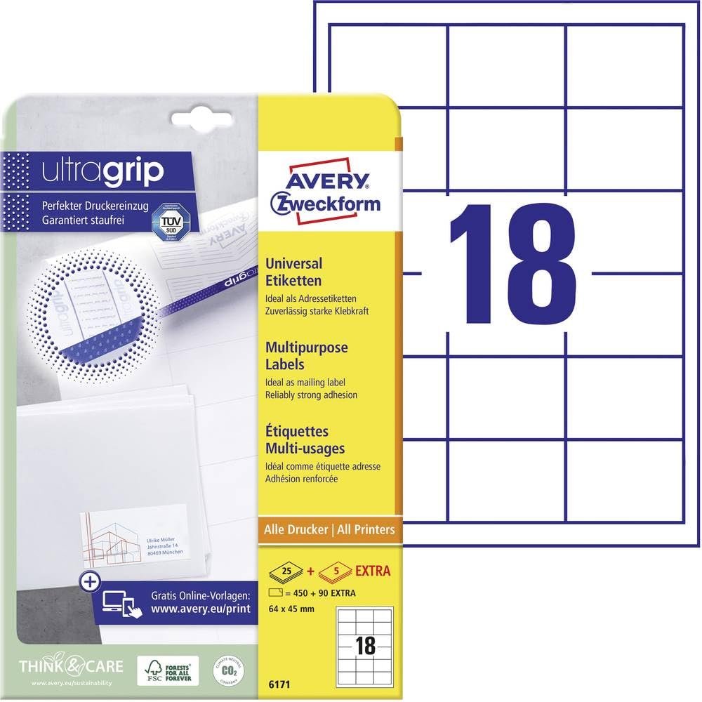 Avery Zweckform 6171 Labels 64 x 45 mm with Peel-Off Aid 25 Sheets