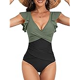 B2prity Women's One Piece Swimsuit Ruffle Slimming Tummy Control Bathing Suit Criss Cross High Waist 1 Piece Swimwear