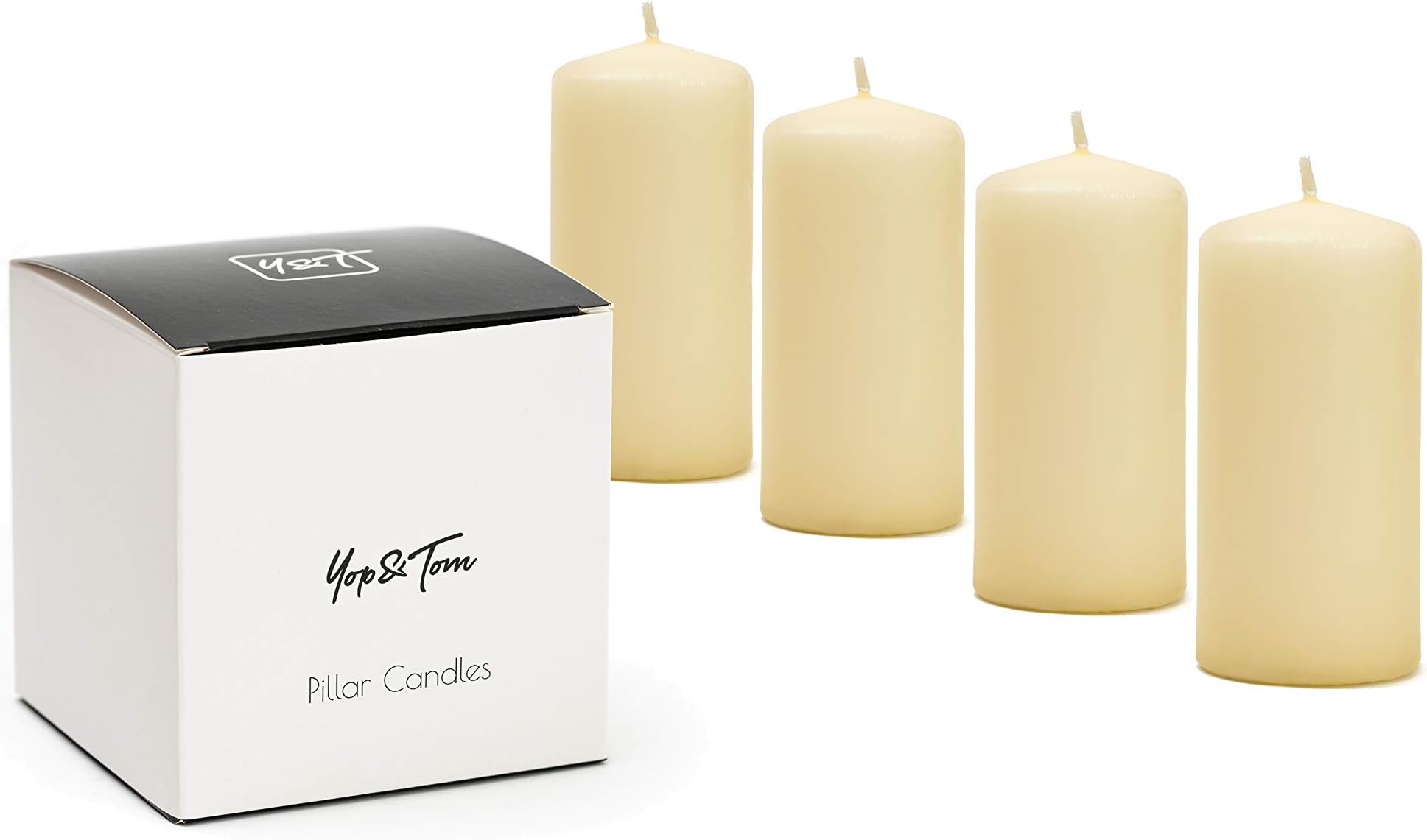 Yop & Tom - Pillar Candles - Set of 4 Ivory White Pillar Church Candles - Long Lasting (25 Hour Burn Time) Hygge Pillar Candle Set