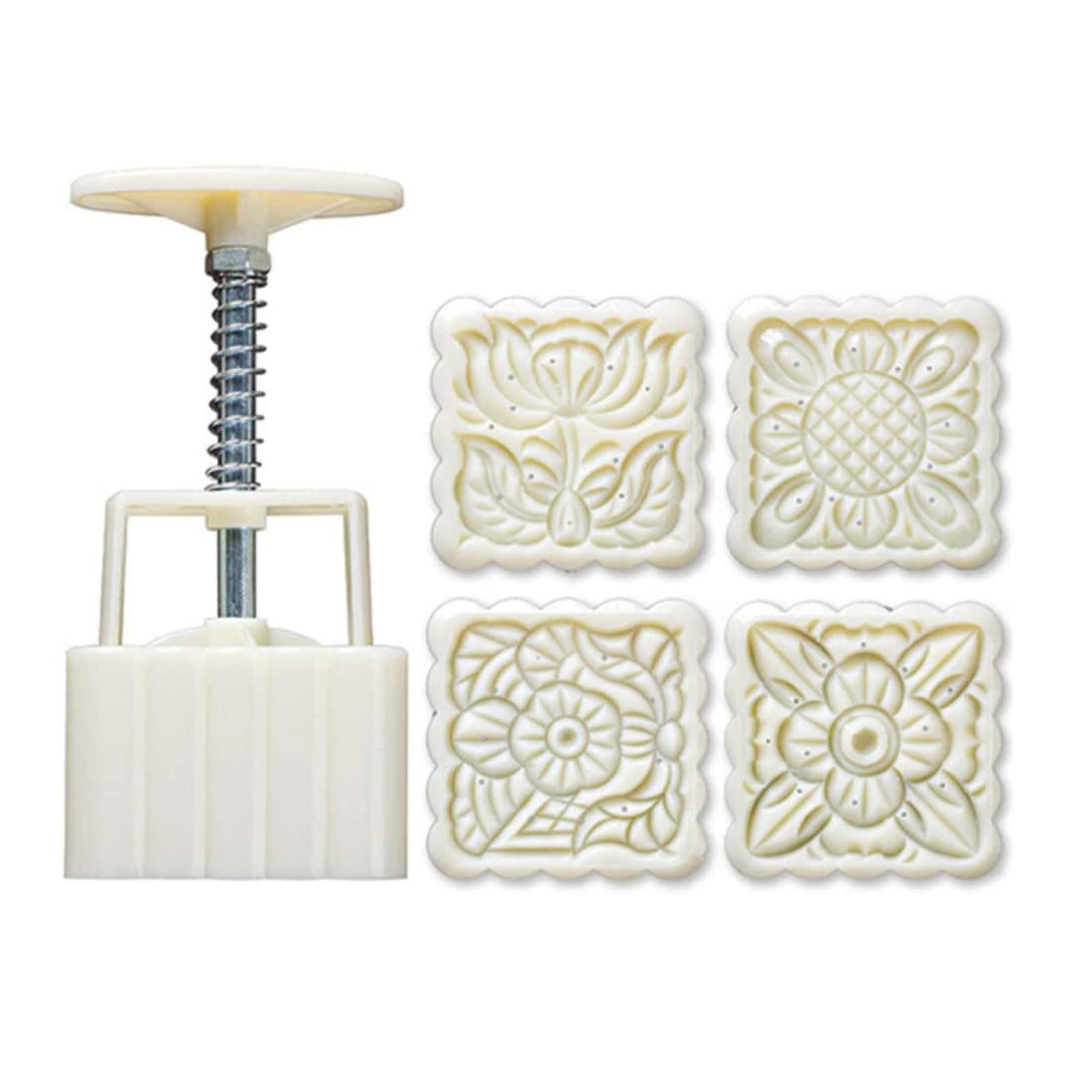 LEAMALLS 5pcs Cookie Stamp Mooncake Mould Set Hand Cookie Press Maker Cookie Cutter Flower Stamp for Baking Biscuit Cake Fondant Dessert Bakeware Festival Decoration Tool