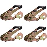 BoxerTool 4 Pack Heavy Duty Rubber Handle 2" Ratchet Buckle with Snap Hook, Double Locking, Breaking Strength 10,000lbs Towing Tie Down