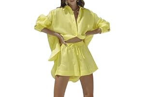 Fixmatti Women 2 Piece Outfits Long Sleeve Button Down Shirt and Shorts Set Casual Sweatsuits