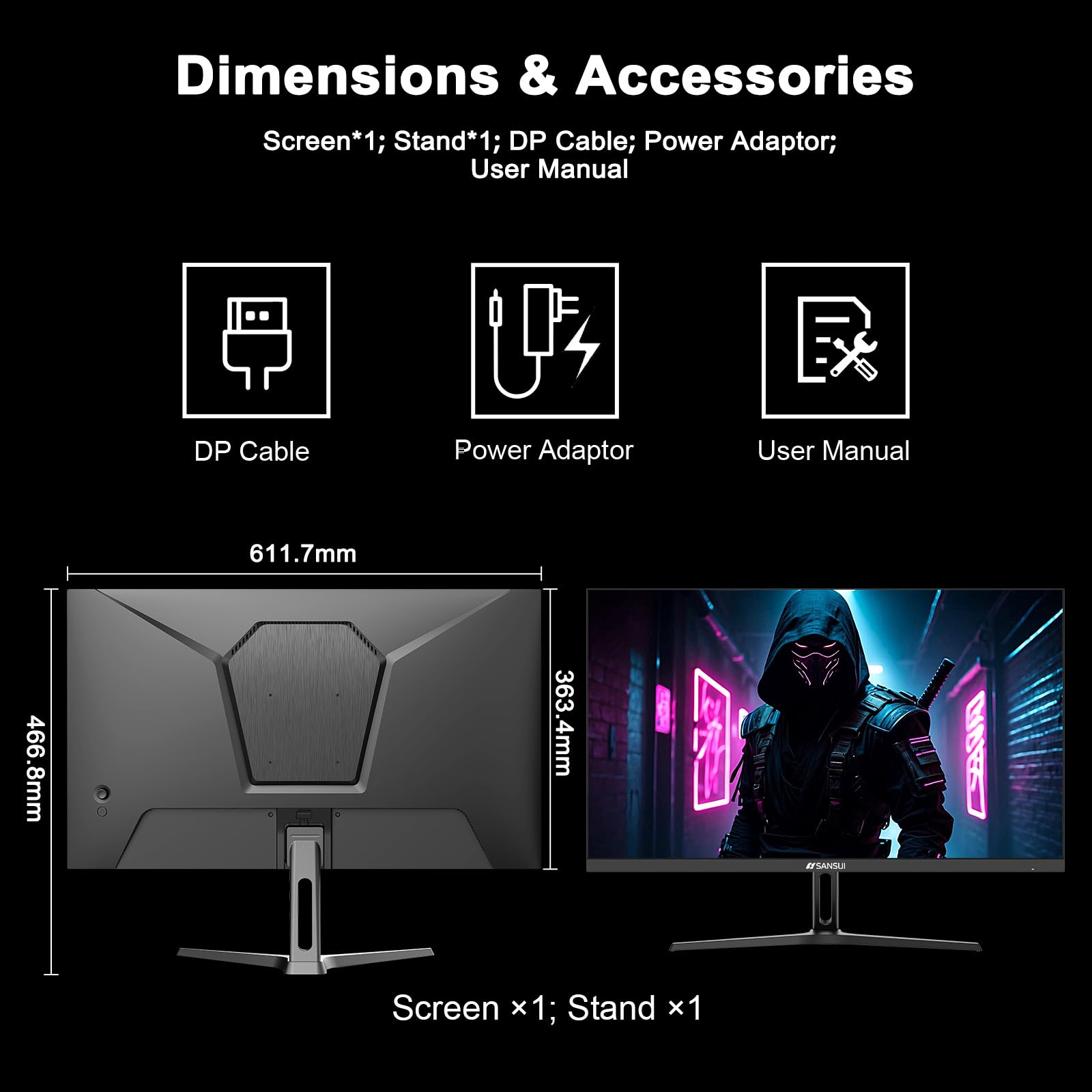 SANSUI 27 Inch WQHD 2560 x 1440 IPS Gaming Monitor, 200Hz 180Hz 1ms Computer Monitor, DP 1.2 x2 | HDMI 2.0 x2 | VESA Mount, 120% sRGB HDR Eye Care Metal Stand (DP Cable Included)