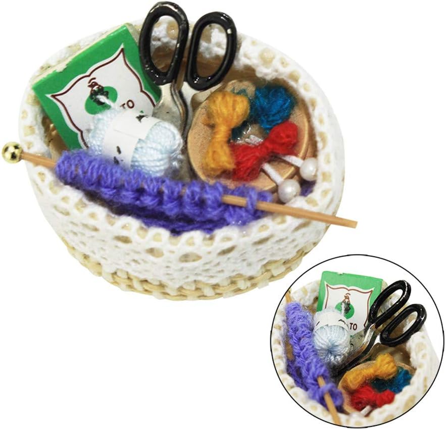 Novania 1:12 Dollhouse Miniature Scene Model, Mini DIY Wood Cotton Needle Basket Knitting Tool Set, Doll House Bedroom/Living Room Furniture Ornament Accessories, Pretend Play Kids Toy Decoration