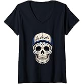 Womens Los Angeles Mexican Sugar Skull Blue White Design V-Neck T-Shirt