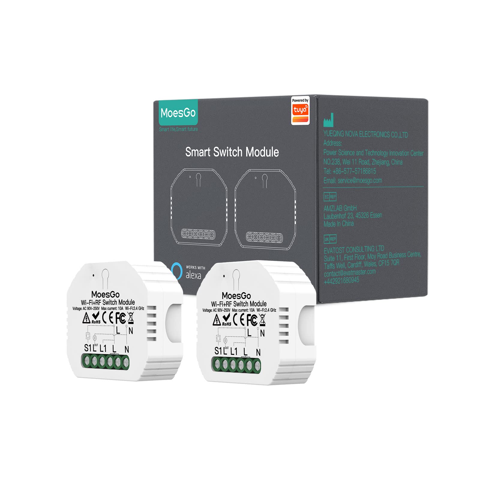 MoesGo WIFI Smart Light Switch Module for Smart Living Tuya App Alexa Google Home 1GANG Set of 2