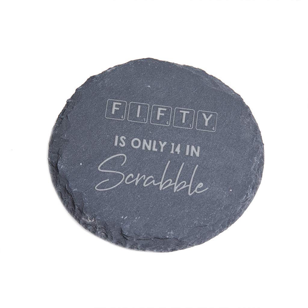 "Fifty Is Only 14 In Scrabble" Engraved Slate Coaster - Funny 50th Birthday Gift For Men or Women