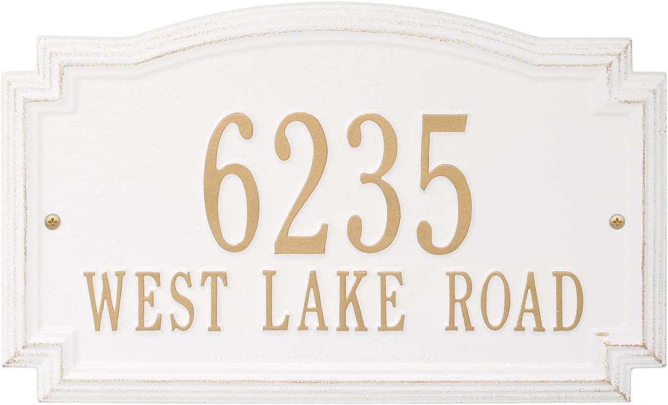 Address Signs - Whitehall Barcelos Personalized Cast Metal Address Plaque Custom House Number Sign 3399WG with Two Line in White and Gold Color 14 X 8.5