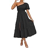 ZESICA Women's Boho Summer One Shoulder Short Sleeve Smocked Side Split Ruffle Swing Midi Dress
