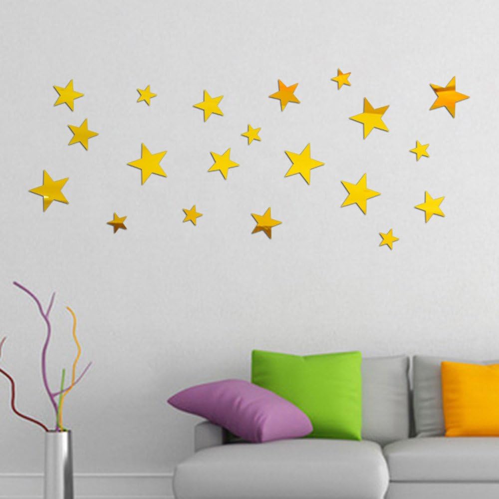 WOCACHI Wall Stickers Decals 20 X Star Art Mirror Wall Sticker Acrylic Surface Decal Home Room DIY Art Gold Art Mural Wallpaper Peel & Stick Removable Room Decoration Nursery Decor