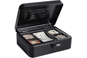 Cash Box with Combination Lock, Metal Money Box for Cash, Lovndi Lock Box with Money Tray, 9.84x 7.87x 3.54 Inches, Black