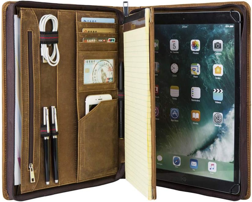 Handmade Vintage Genuine Leather Travel Portfolios Zipped for iPad Pro 12.9 (2015/2017) Organiser Case,Business Padfolio,A4 Conference Folder with iPad Holder & Legal Pad/Notepad, Brown