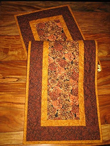 Quilted Table Runner Rustic Brown Pine Cones Leaves 13 x 47" Reversible, Cotton Fabric