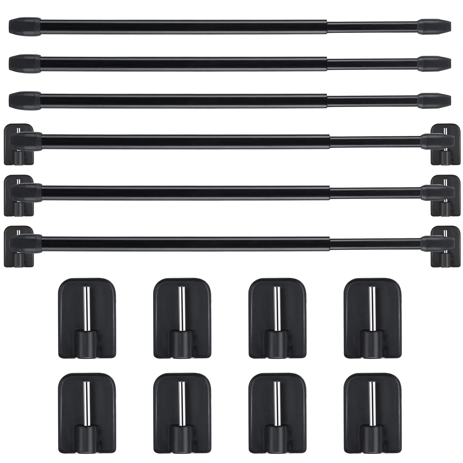 Photo 1 of Jetec 6 Pieces Adjustable Plastic Net Curtain Rod 15.7-27.5 Inch Self Adhesive Shower Curtain Rods for Window Cupboard Bars Tension Drill Less Accessories for Home Bathroom Hotel (Black)