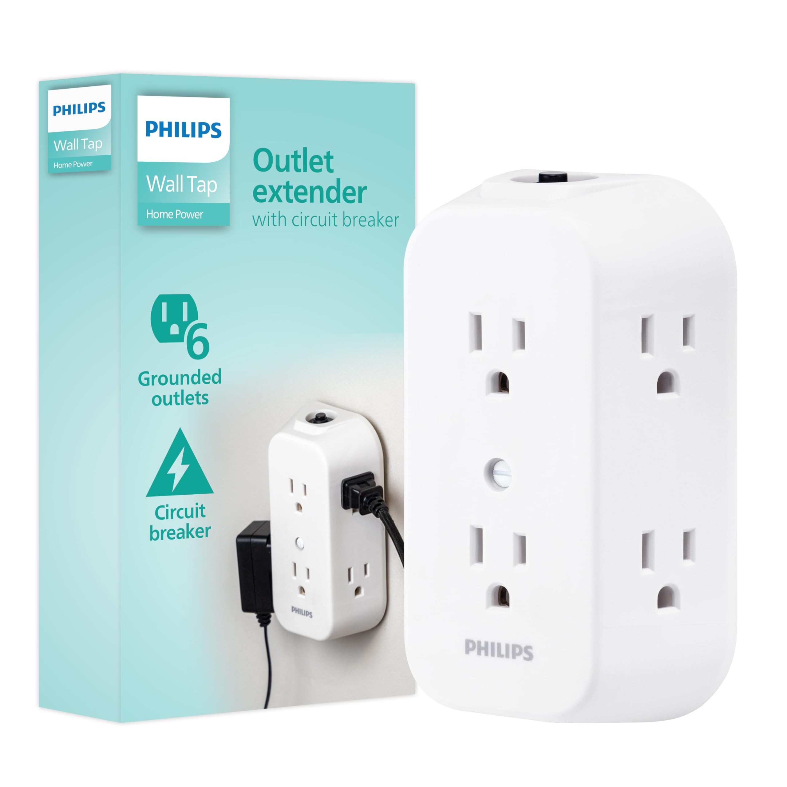 Photo 1 of Philips 6-Outlet Extender, Grounded Wall Tap, Reset Button, Circuit Breaker, Adapter Spaced Outlets, 3-Prong, Multiple Plug, Quick and Easy Install, Cruise Essentials, ETL Listed, White, SPS1460WA/37