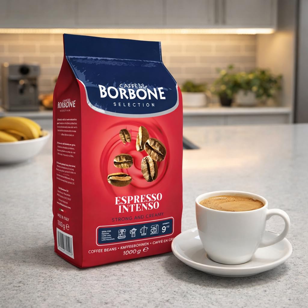 Caffè Borbone Kaffeebohnen - Espresso Intenso - Authentischer neapolitanischer Espresso - Intensität 9/10 - Reiche und lebendige Mischung mit Noten von dunkler Schokolade - 1kg Packung 8
